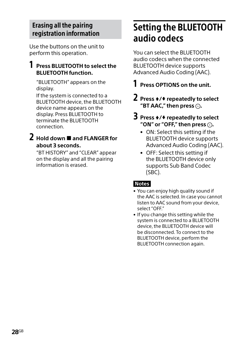 Setting the bluetooth audio codecs, Setting the bluetooth, Audio codecs | Erasing all the pairing registration information | Sony MHC-V5 User Manual | Page 28 / 52