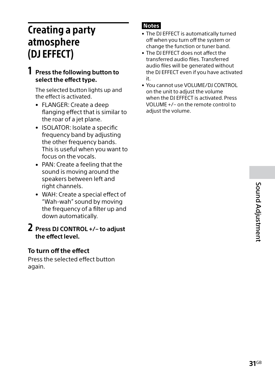 Creating a party atmosphere (dj effect), Creating a party atmosphere, Dj effect) | Creating a party atmosphere (dj effect) 1 | Sony MHC-V5 User Manual | Page 31 / 52