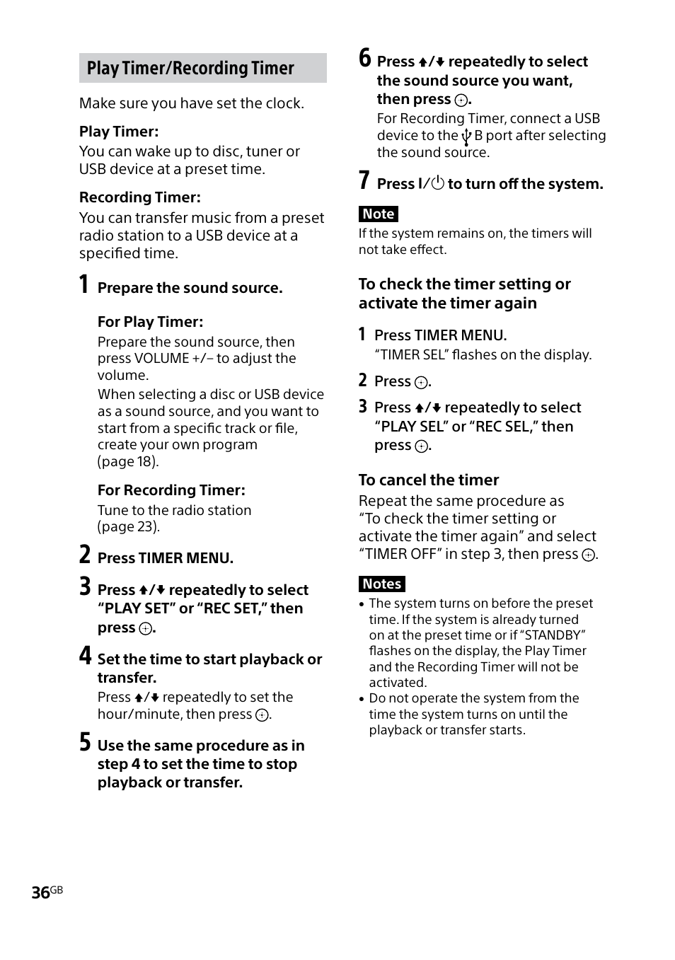Play timer/recording timer | Sony MHC-V5 User Manual | Page 36 / 52