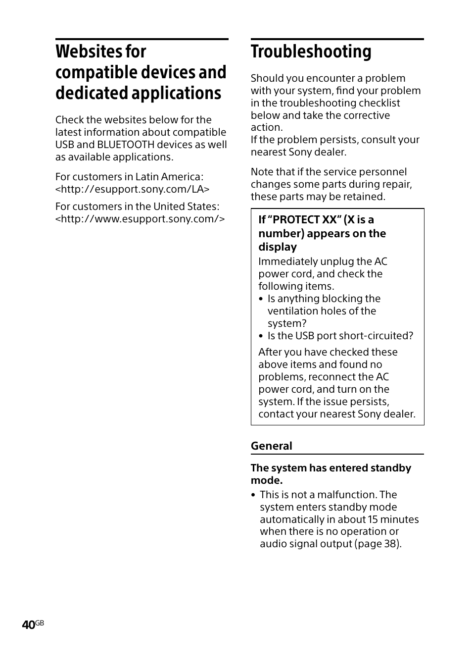 Troubleshooting, Websites for compatible, Devices and dedicated | Applications troubleshooting | Sony MHC-V5 User Manual | Page 40 / 52