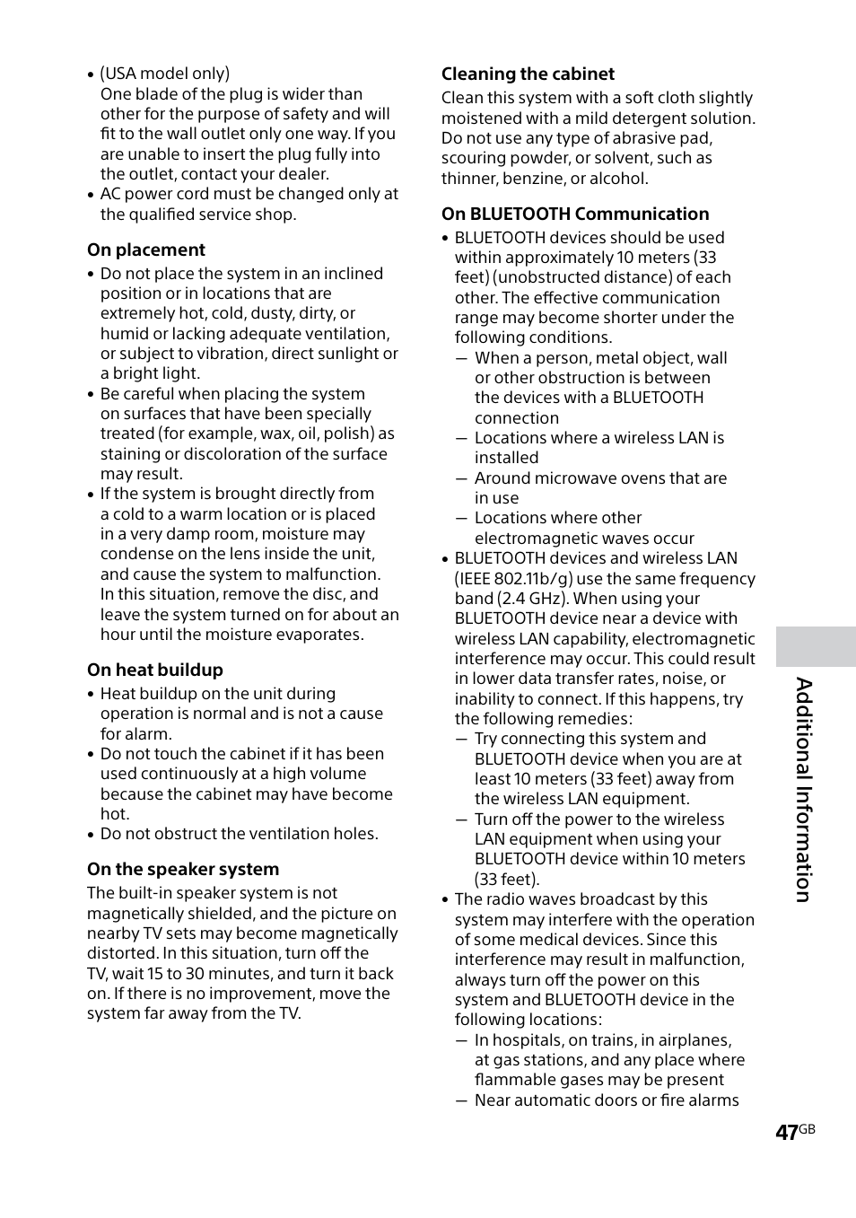 Additional inf orma tion | Sony MHC-V5 User Manual | Page 47 / 52