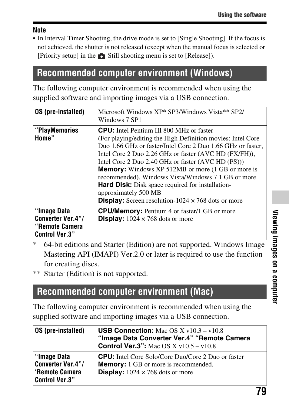 Recommended computer environment (windows), Recommended computer environment (mac) | Sony SLT-A99V User Manual | Page 79 / 100