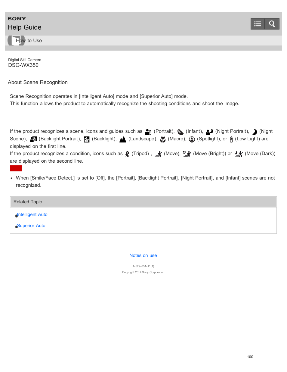 About scene recognition, Help guide, Scene recognition | Sony DSC-WX350 User Manual | Page 104 / 319