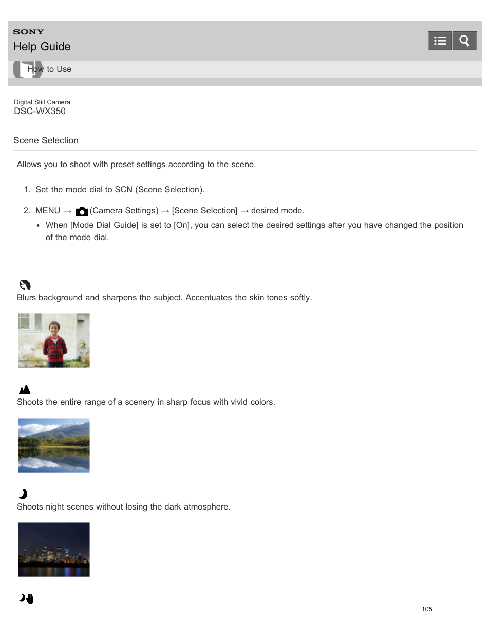 Scene selection, Help guide | Sony DSC-WX350 User Manual | Page 109 / 319