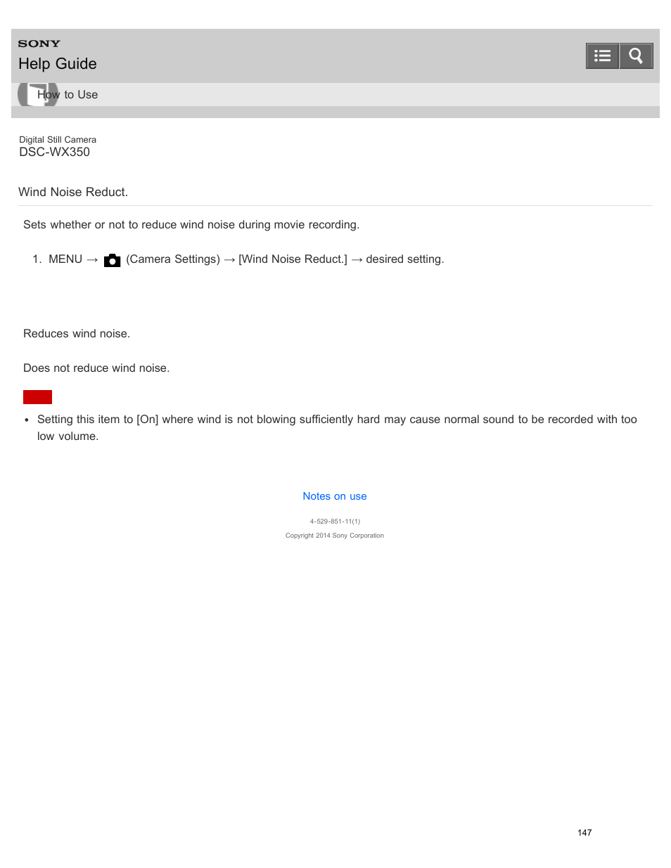 Wind noise reduct, Help guide | Sony DSC-WX350 User Manual | Page 151 / 319