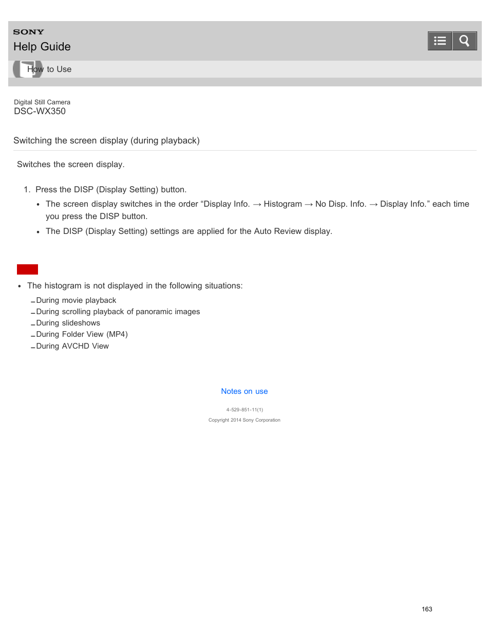 Switching the screen display (during playback), Switches the screen display, Help guide | Sony DSC-WX350 User Manual | Page 167 / 319