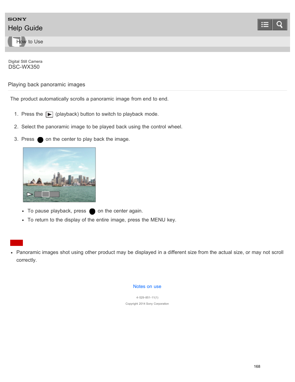 Playing back panoramic images, Help guide | Sony DSC-WX350 User Manual | Page 172 / 319
