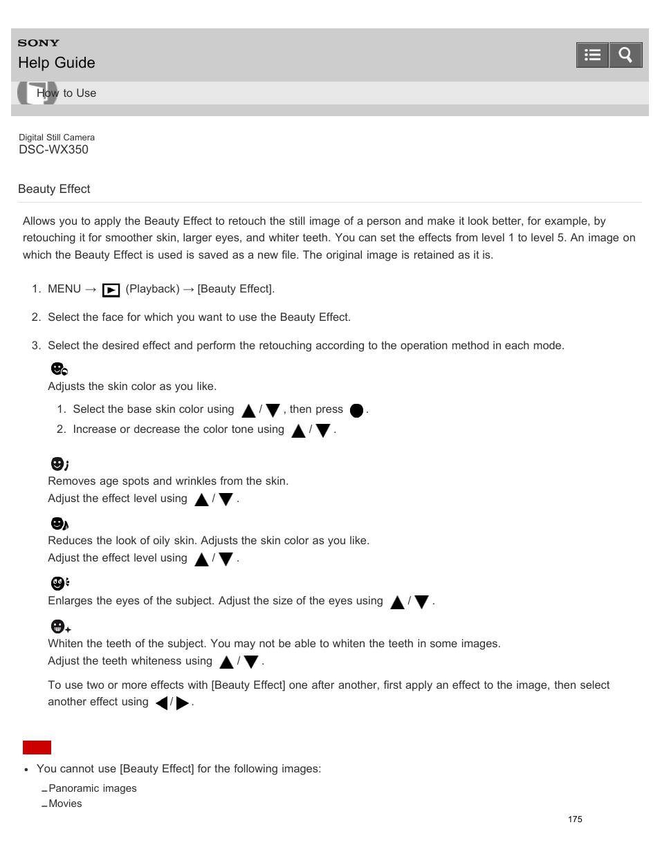 Beauty effect, Help guide | Sony DSC-WX350 User Manual | Page 179 / 319