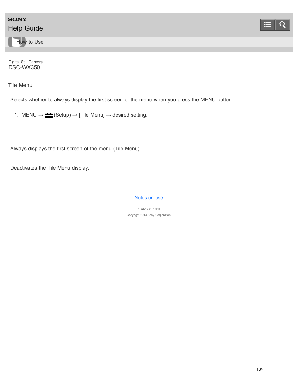 Tile menu, Help guide | Sony DSC-WX350 User Manual | Page 188 / 319
