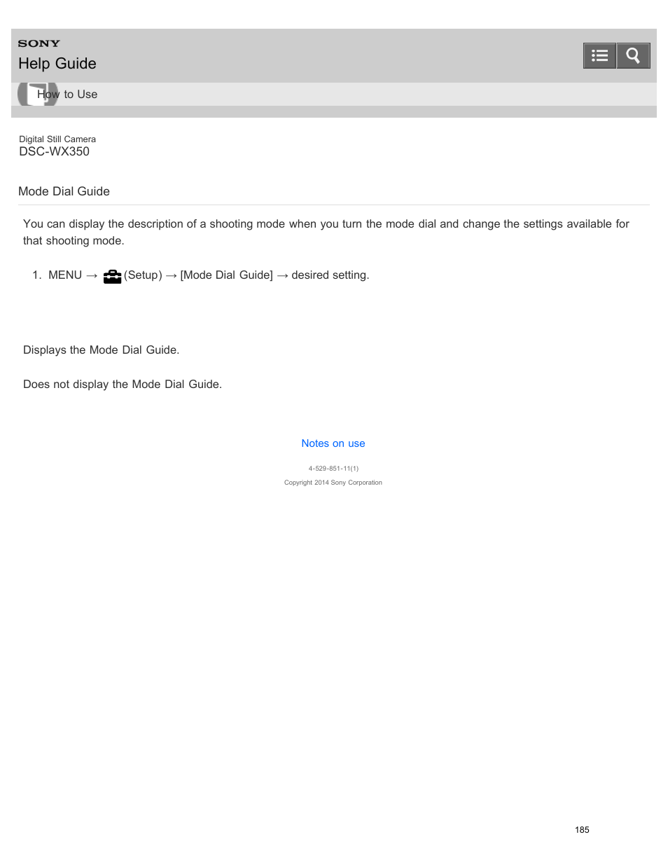 Mode dial guide, Help guide | Sony DSC-WX350 User Manual | Page 189 / 319