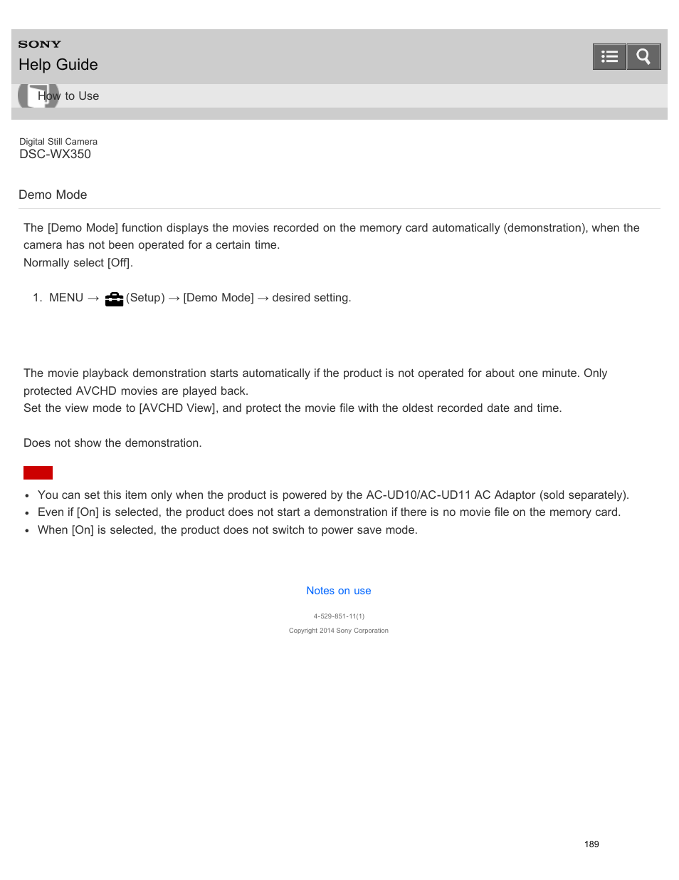 Demo mode, Help guide | Sony DSC-WX350 User Manual | Page 193 / 319