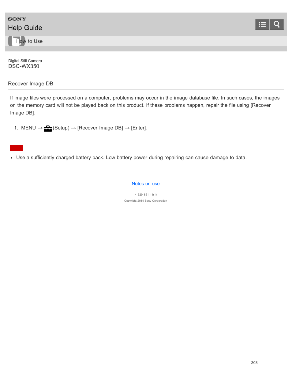 Recover image db, Help guide | Sony DSC-WX350 User Manual | Page 207 / 319