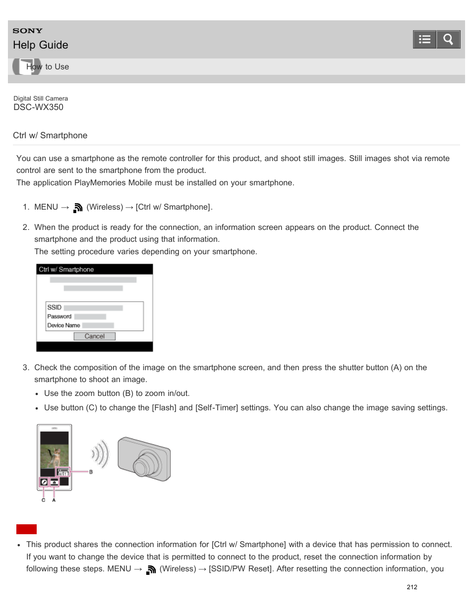Ctrl w/ smartphone, Help guide | Sony DSC-WX350 User Manual | Page 216 / 319