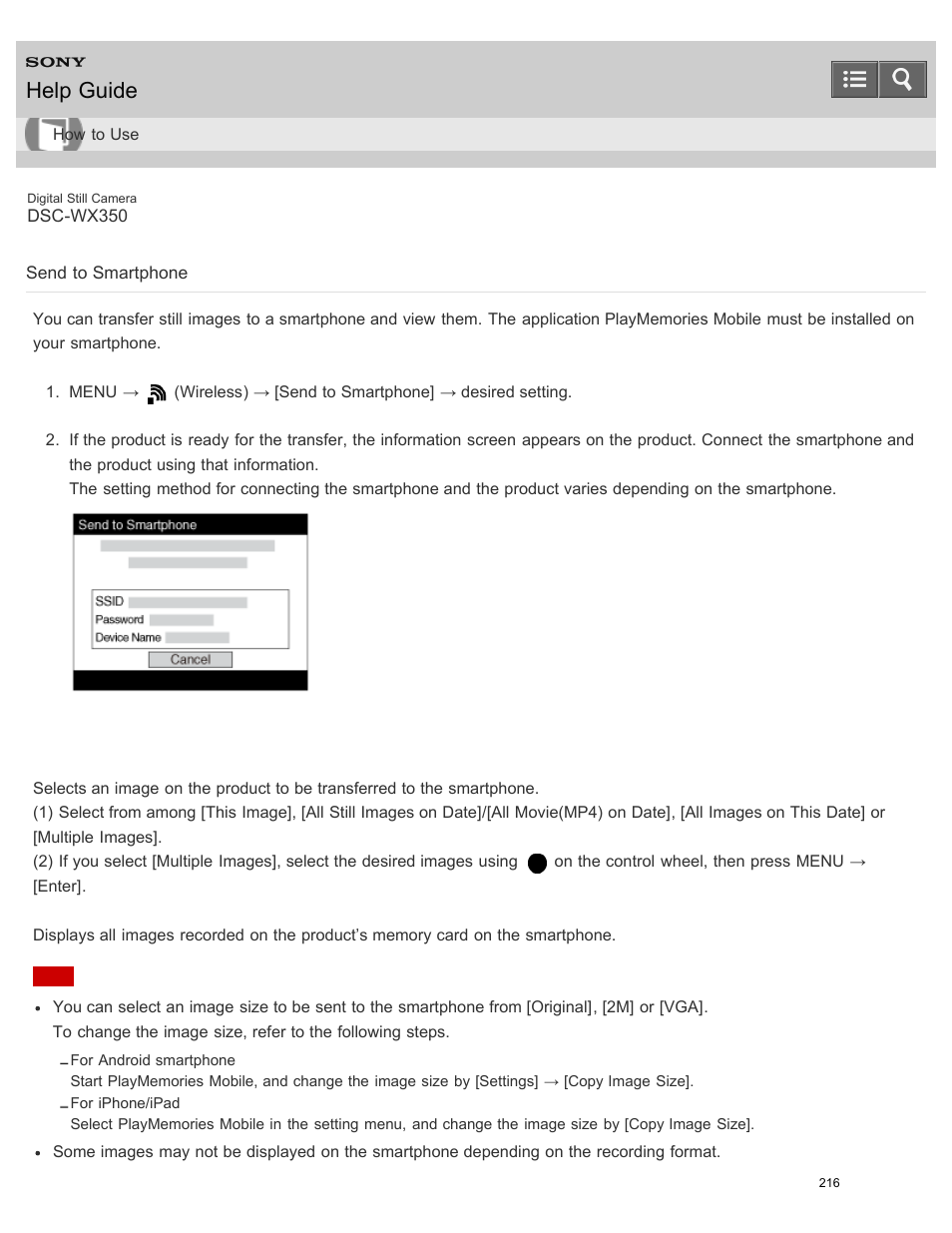 Send to smartphone, Help guide | Sony DSC-WX350 User Manual | Page 220 / 319