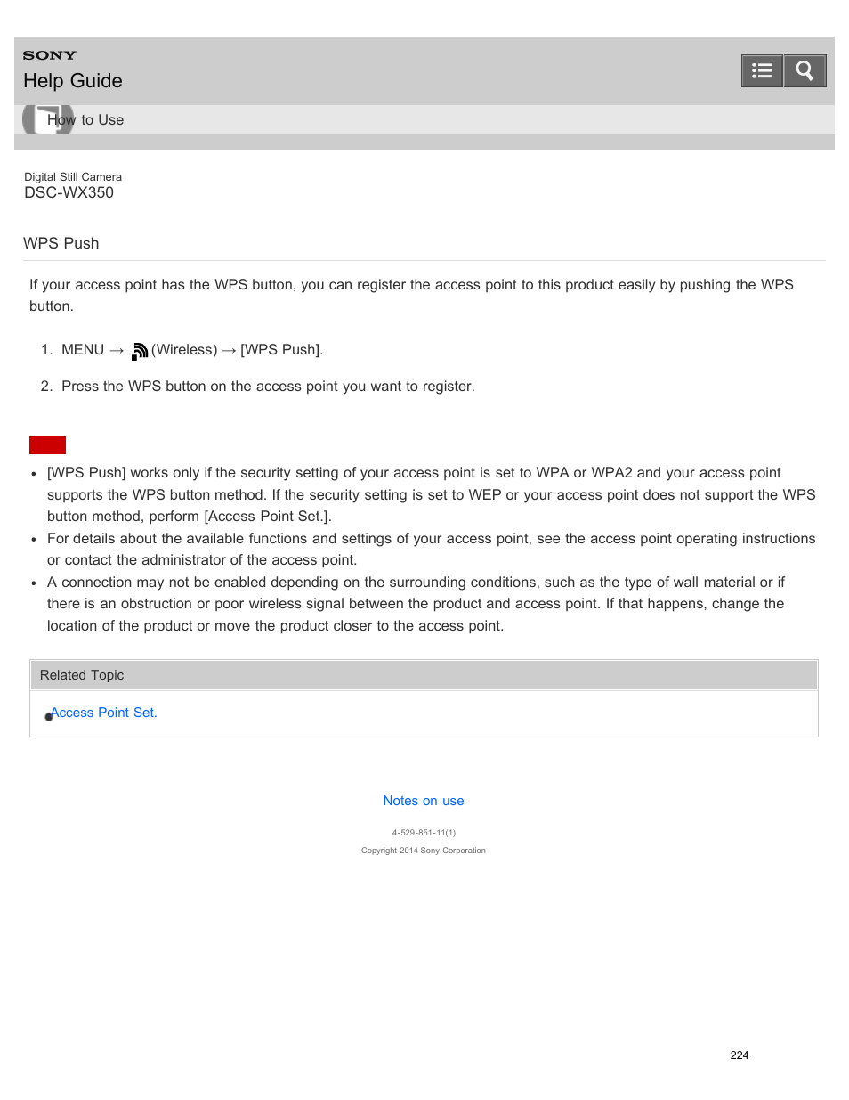 Wps push, Help guide | Sony DSC-WX350 User Manual | Page 228 / 319