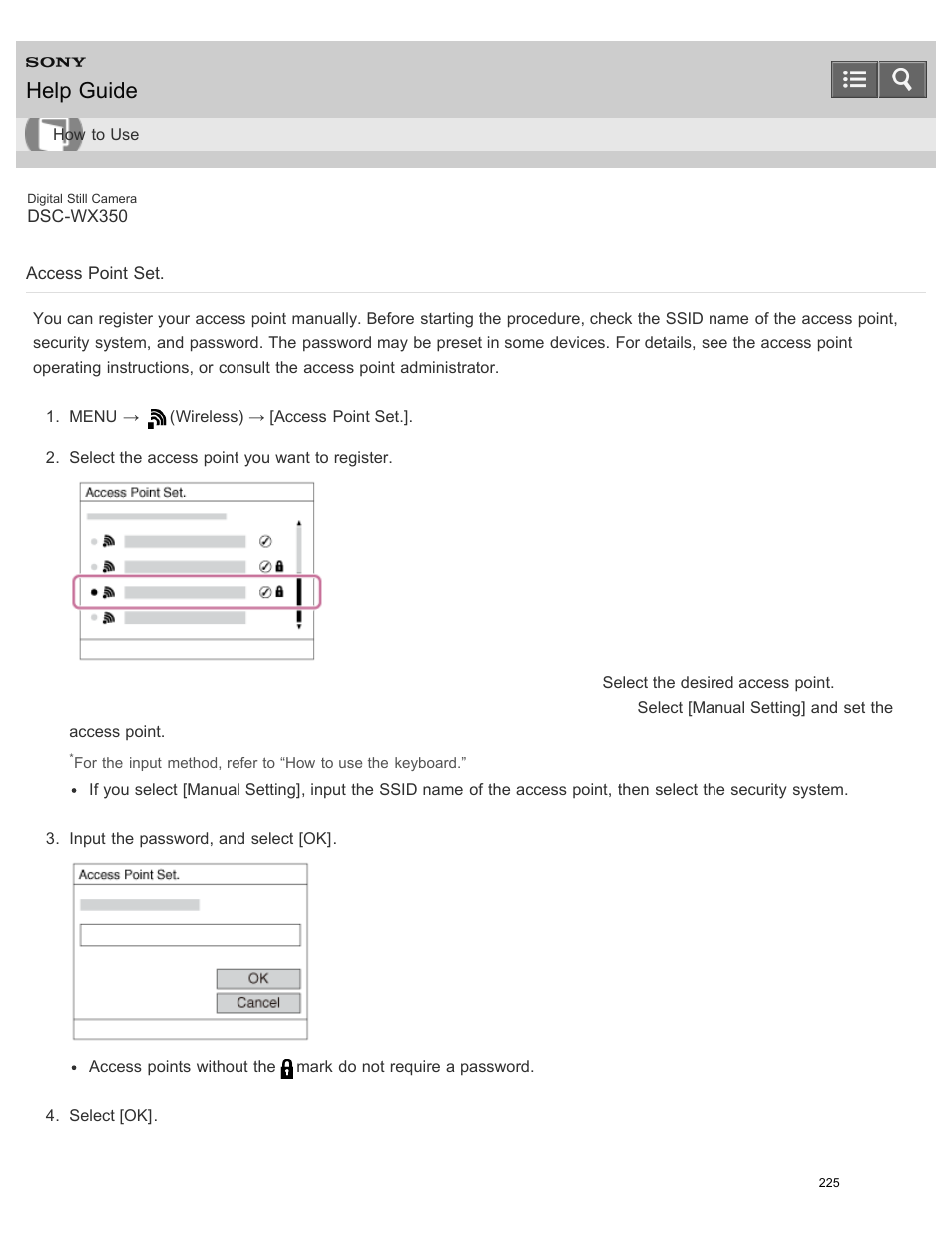 Access point set, You can register your access point manually, Help guide | Sony DSC-WX350 User Manual | Page 229 / 319
