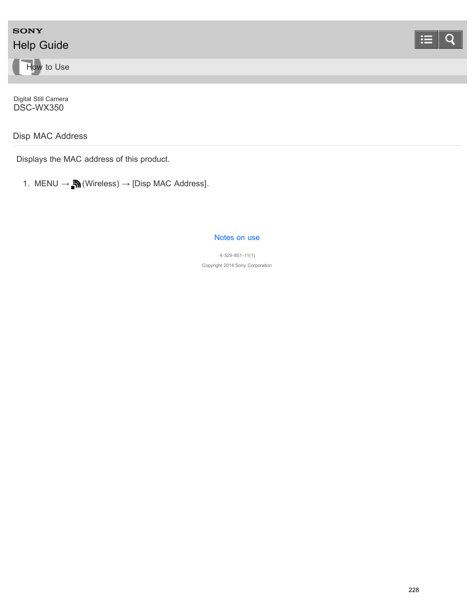 Disp mac address, Displays the mac address of this product, Help guide | Sony DSC-WX350 User Manual | Page 232 / 319