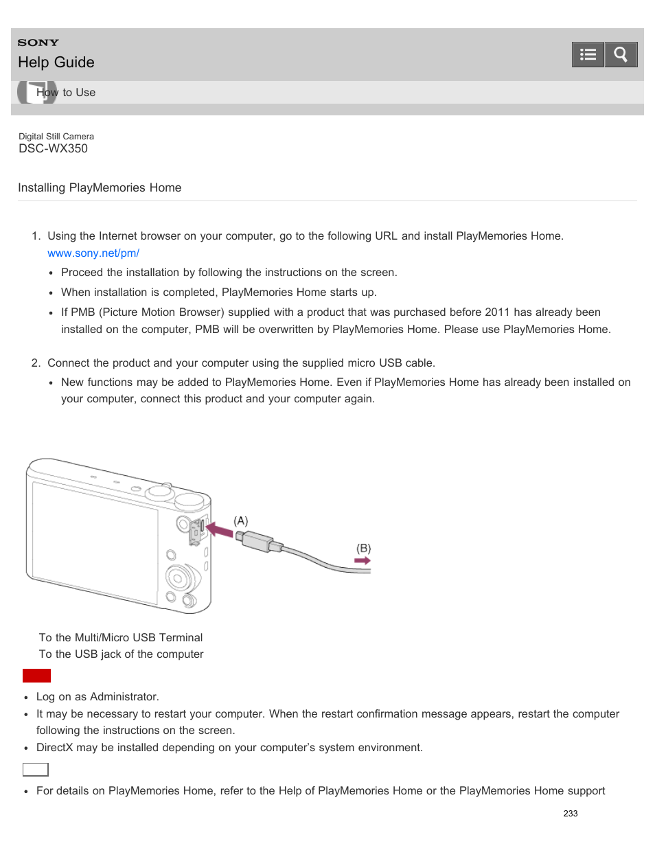 Installing playmemories home, Help guide | Sony DSC-WX350 User Manual | Page 237 / 319