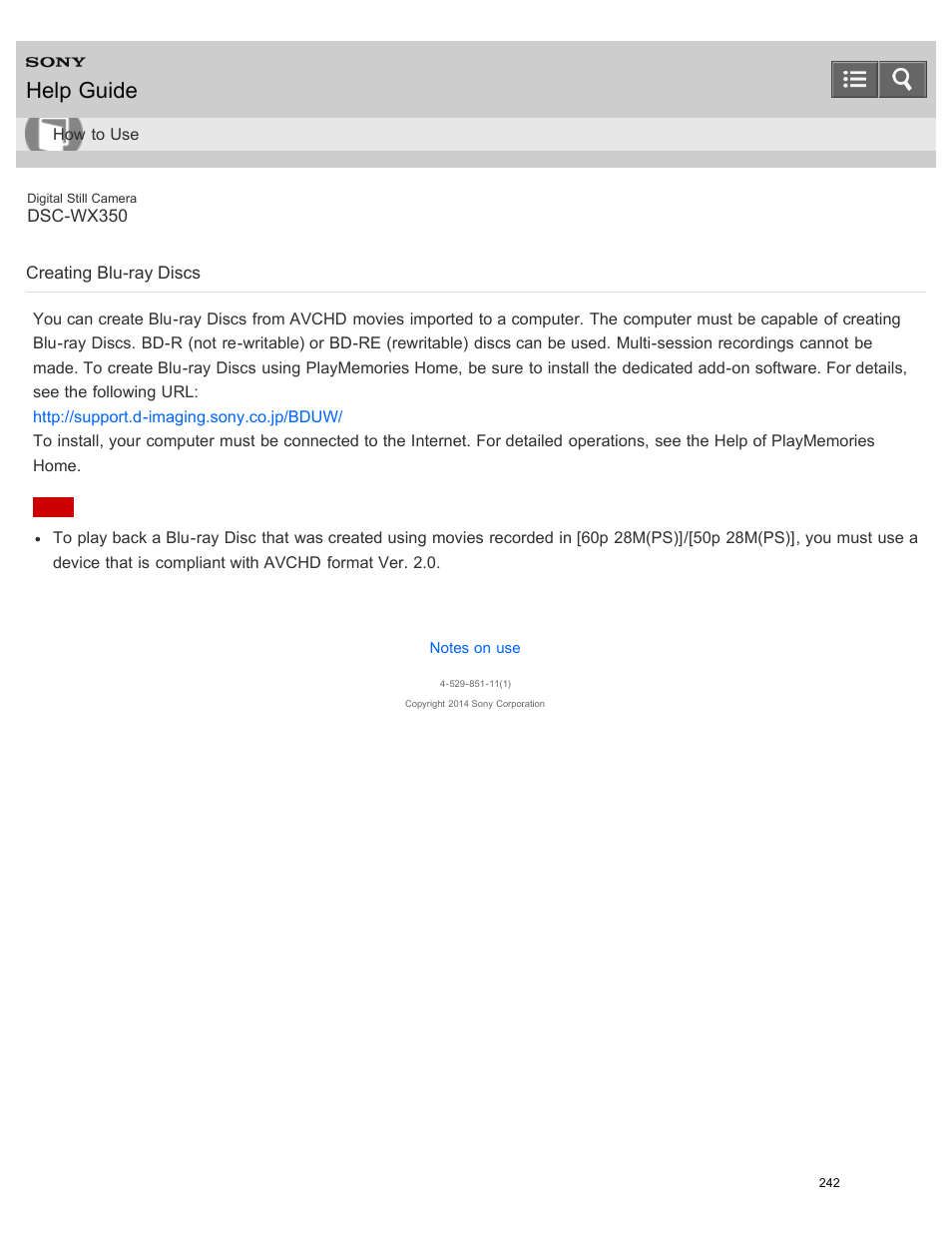 Creating blu-ray discs, Help guide | Sony DSC-WX350 User Manual | Page 246 / 319