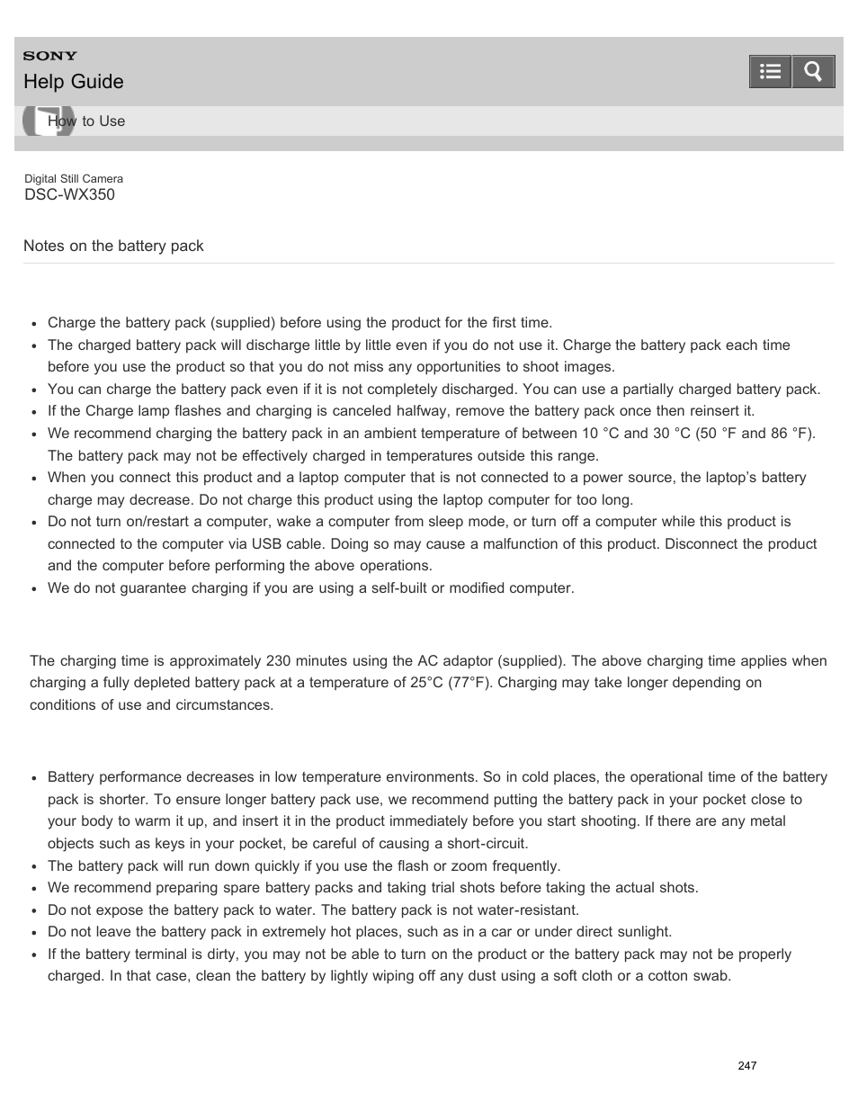Notes on the battery pack, Help guide | Sony DSC-WX350 User Manual | Page 251 / 319