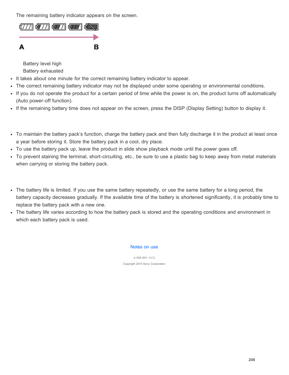 How to store the battery pack, On battery life | Sony DSC-WX350 User Manual | Page 252 / 319