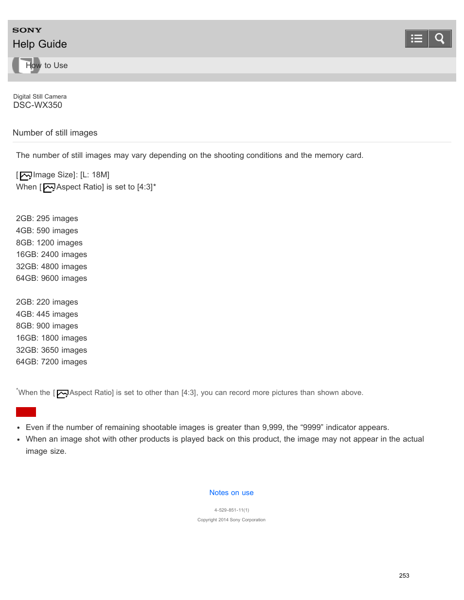 Number of still images, Help guide | Sony DSC-WX350 User Manual | Page 257 / 319