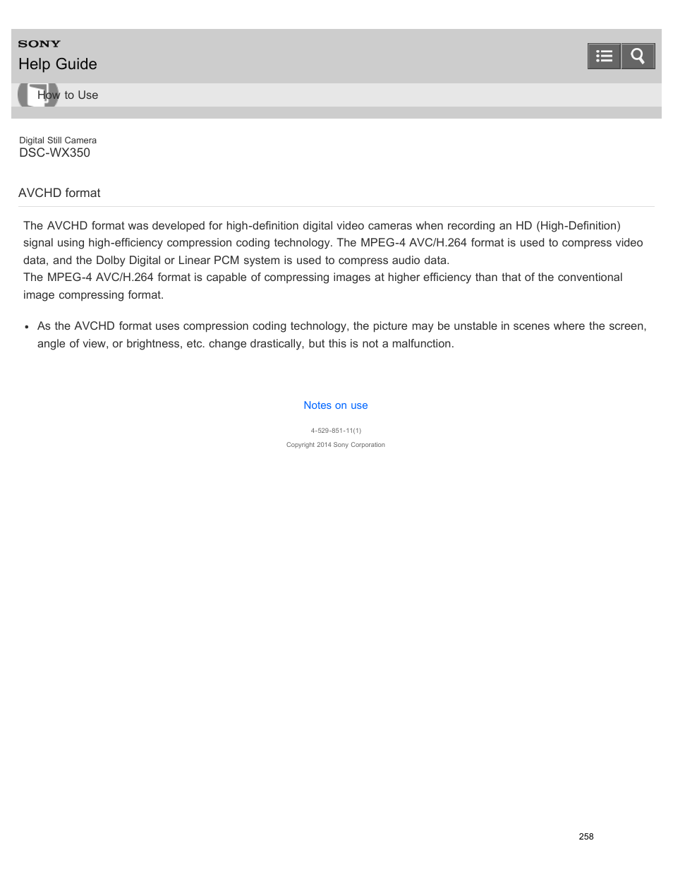 Avchd format, Help guide | Sony DSC-WX350 User Manual | Page 262 / 319