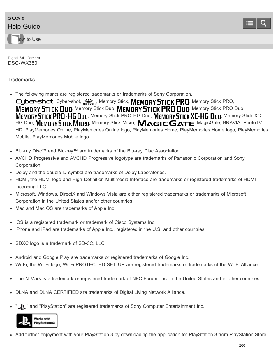 Trademarks, Help guide | Sony DSC-WX350 User Manual | Page 264 / 319