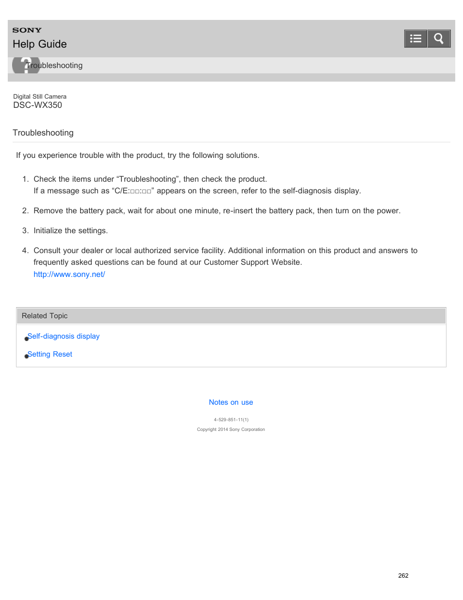 Troubleshooting, Help guide | Sony DSC-WX350 User Manual | Page 266 / 319