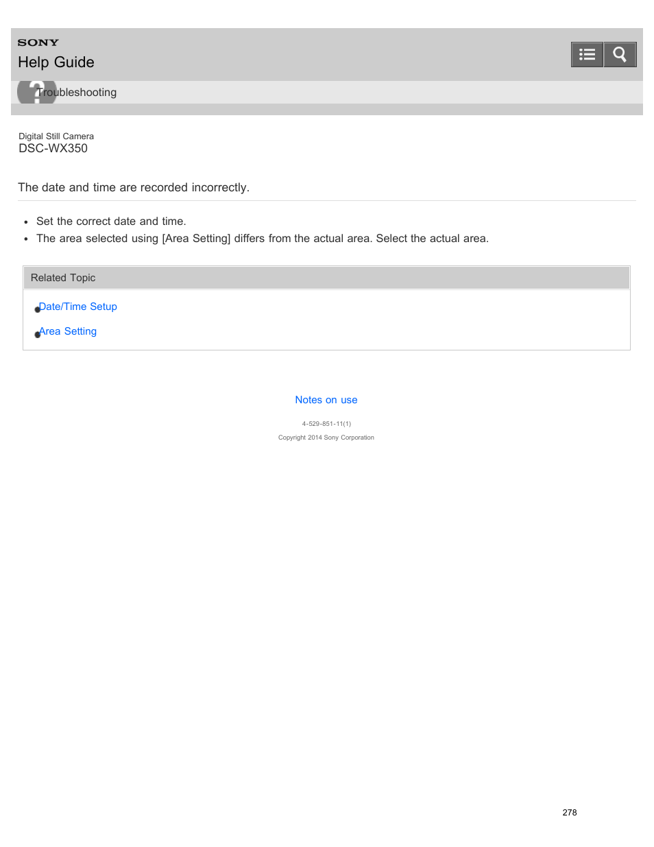 The date and time are recorded incorrectly, Help guide | Sony DSC-WX350 User Manual | Page 282 / 319