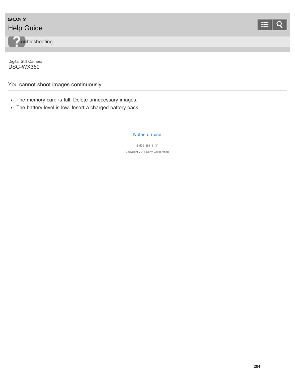 You cannot shoot images continuously, Help guide | Sony DSC-WX350 User Manual | Page 288 / 319