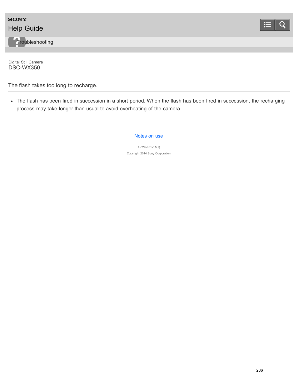 The flash takes too long to recharge, Help guide | Sony DSC-WX350 User Manual | Page 290 / 319