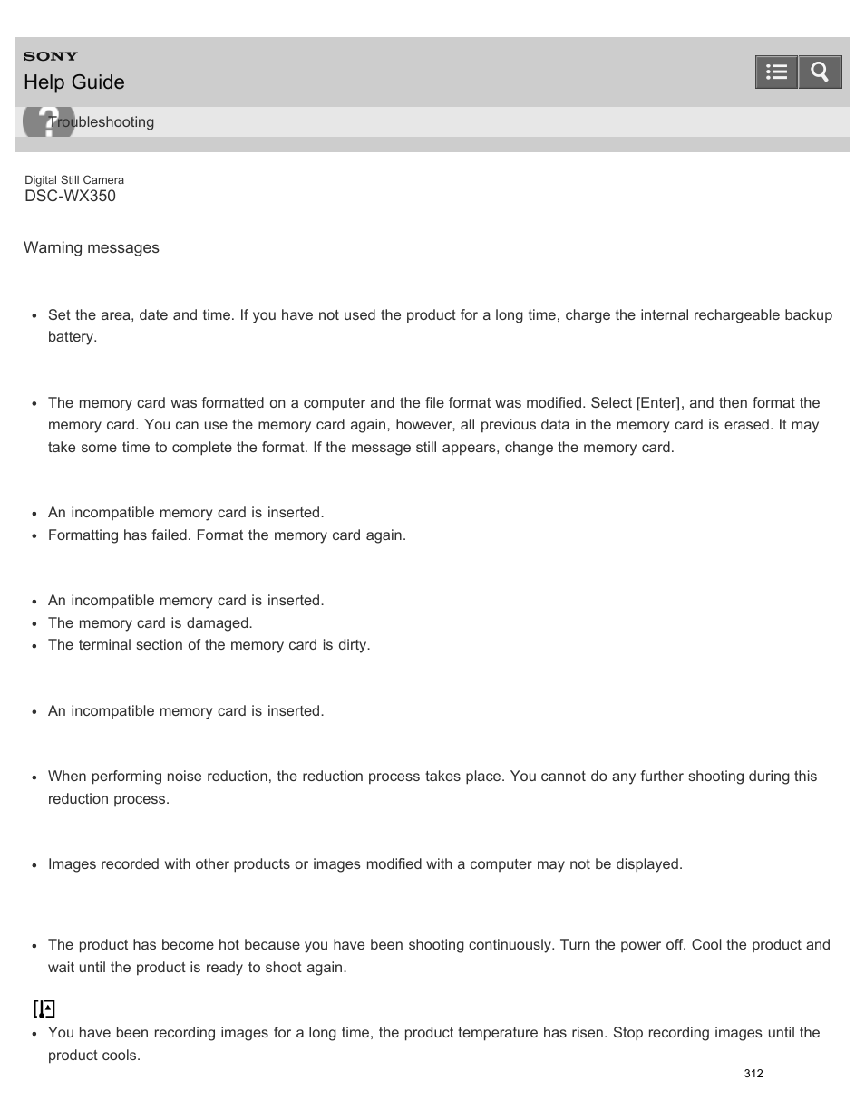 Warning messages, Help guide | Sony DSC-WX350 User Manual | Page 316 / 319