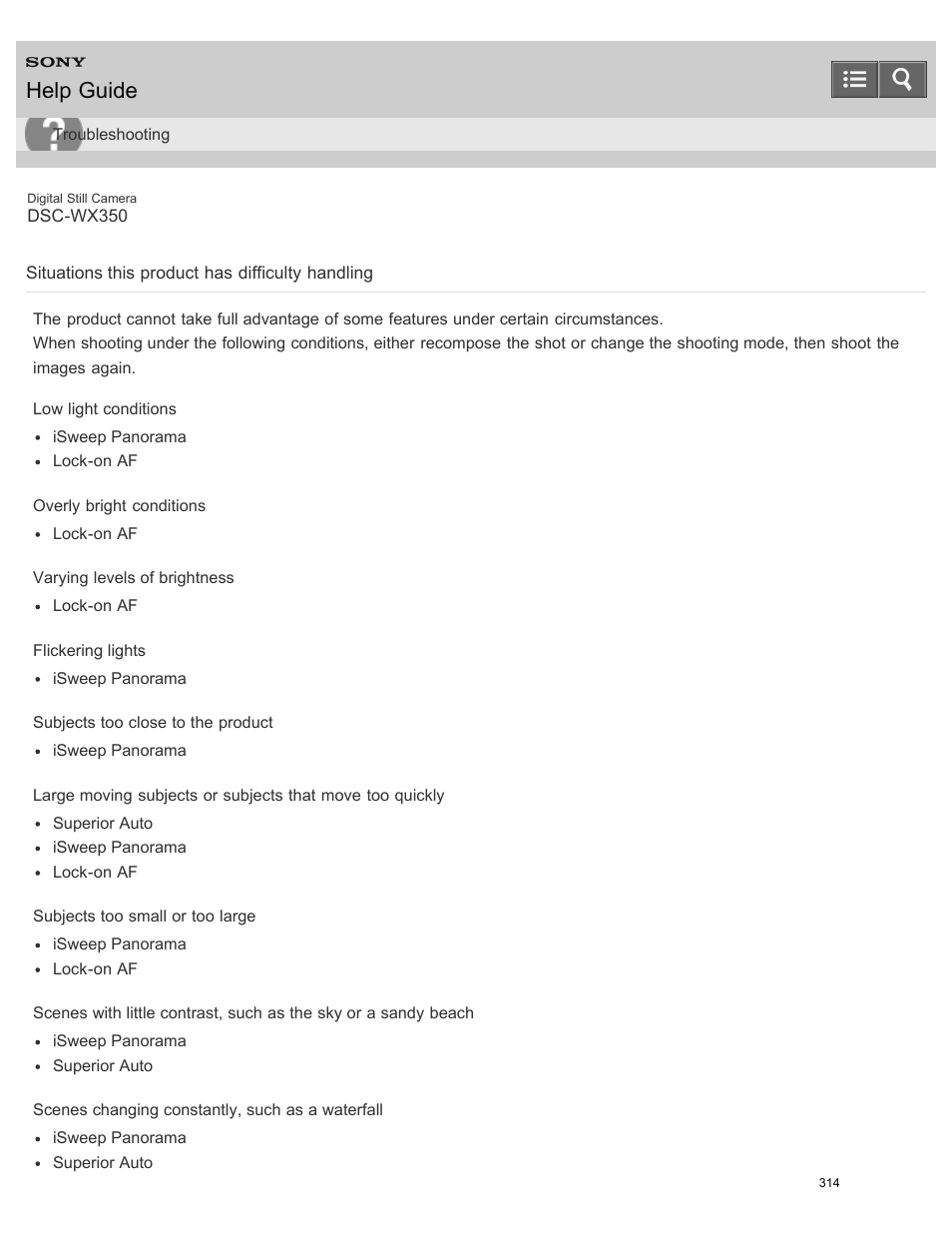 Situations this product has difficulty handling, Help guide | Sony DSC-WX350 User Manual | Page 318 / 319