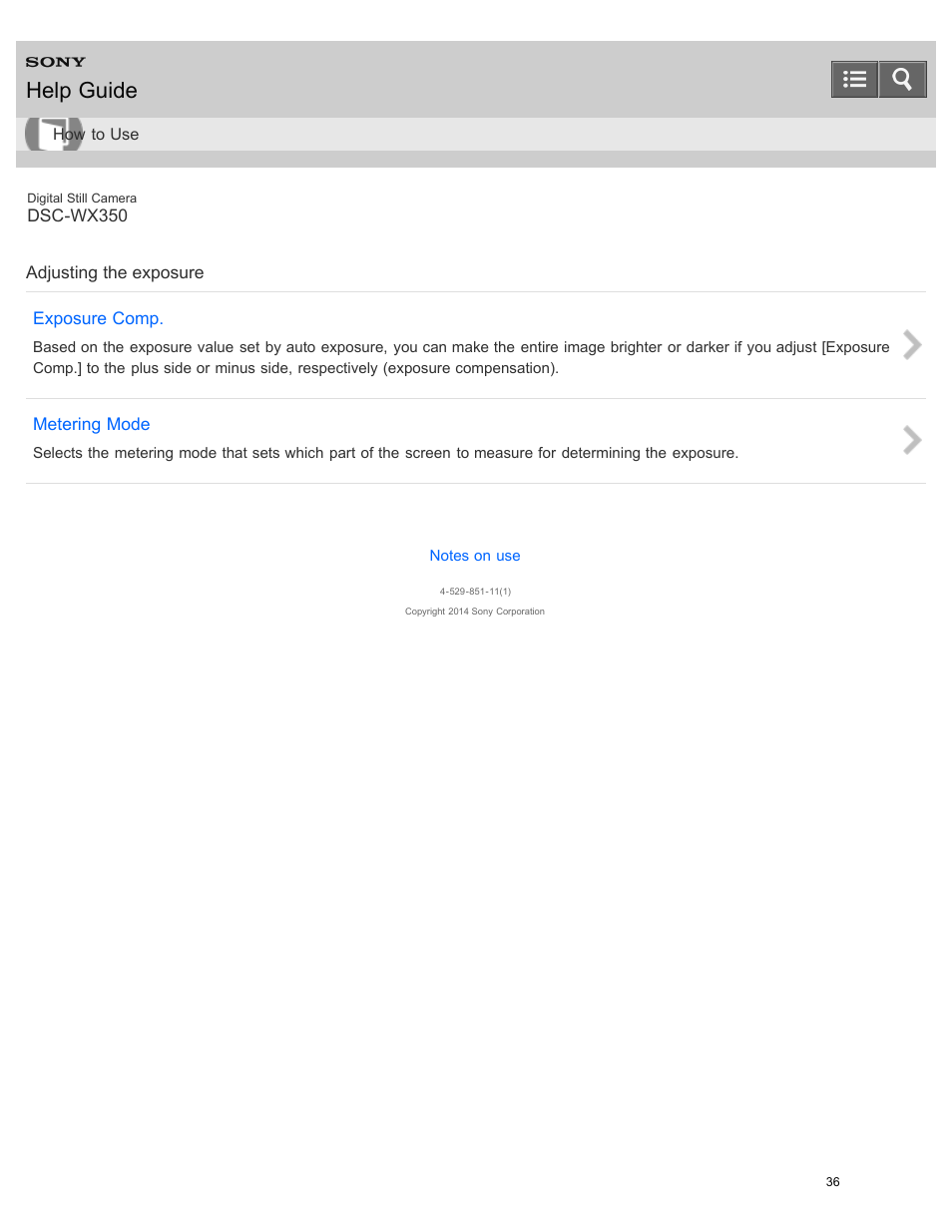 Adjusting the exposure, Help guide | Sony DSC-WX350 User Manual | Page 40 / 319