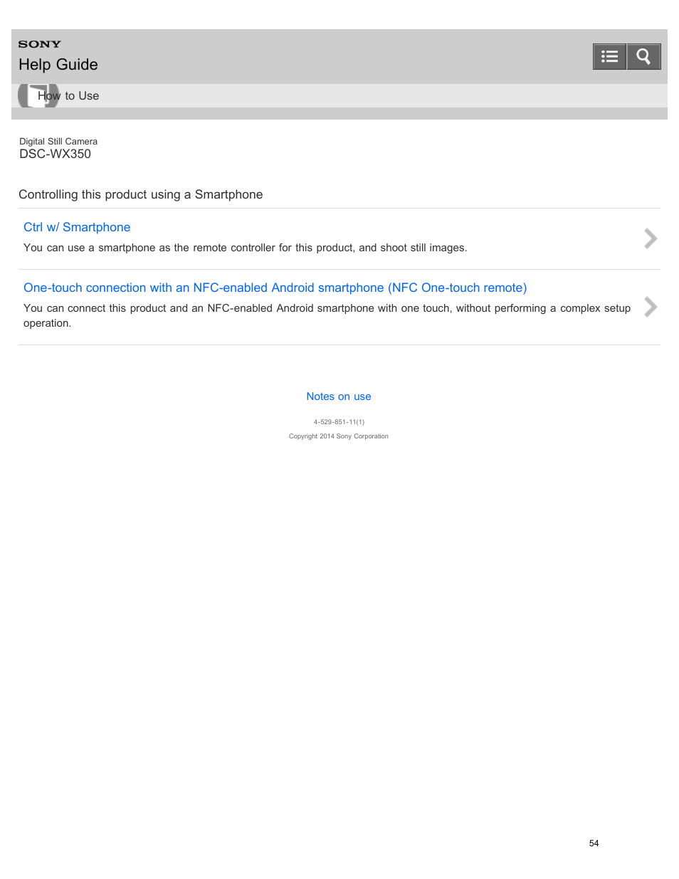 Controlling this product using a smartphone, Help guide | Sony DSC-WX350 User Manual | Page 58 / 319