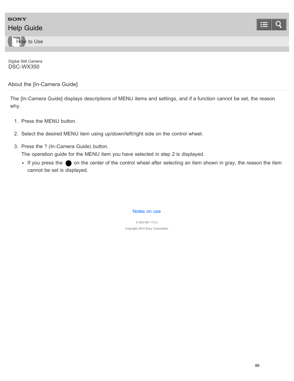 About the [in-camera guide, Help guide | Sony DSC-WX350 User Manual | Page 92 / 319