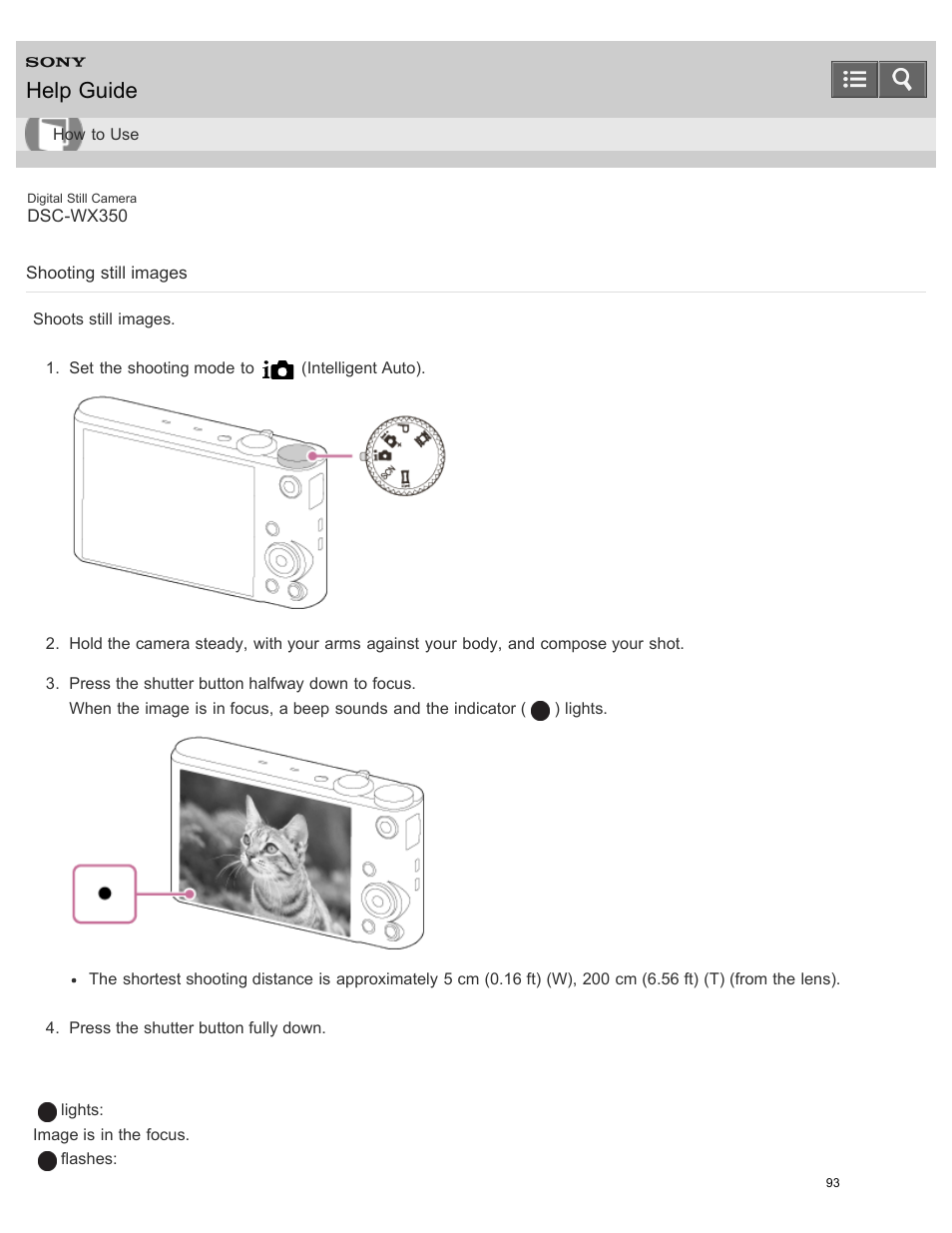 Shooting still images, Shoots still images, Help guide | Sony DSC-WX350 User Manual | Page 97 / 319