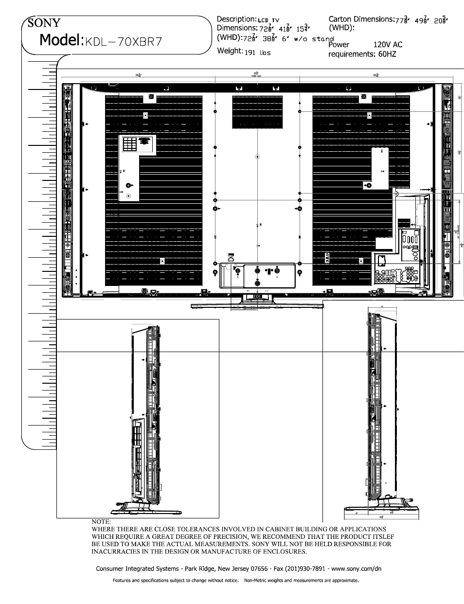 Whd):72?' 38?' 6' w/o stand, Fony, Model:kdl-7oxbr7 | Sony KDL-70XBR7 User Manual | Page 2 / 3