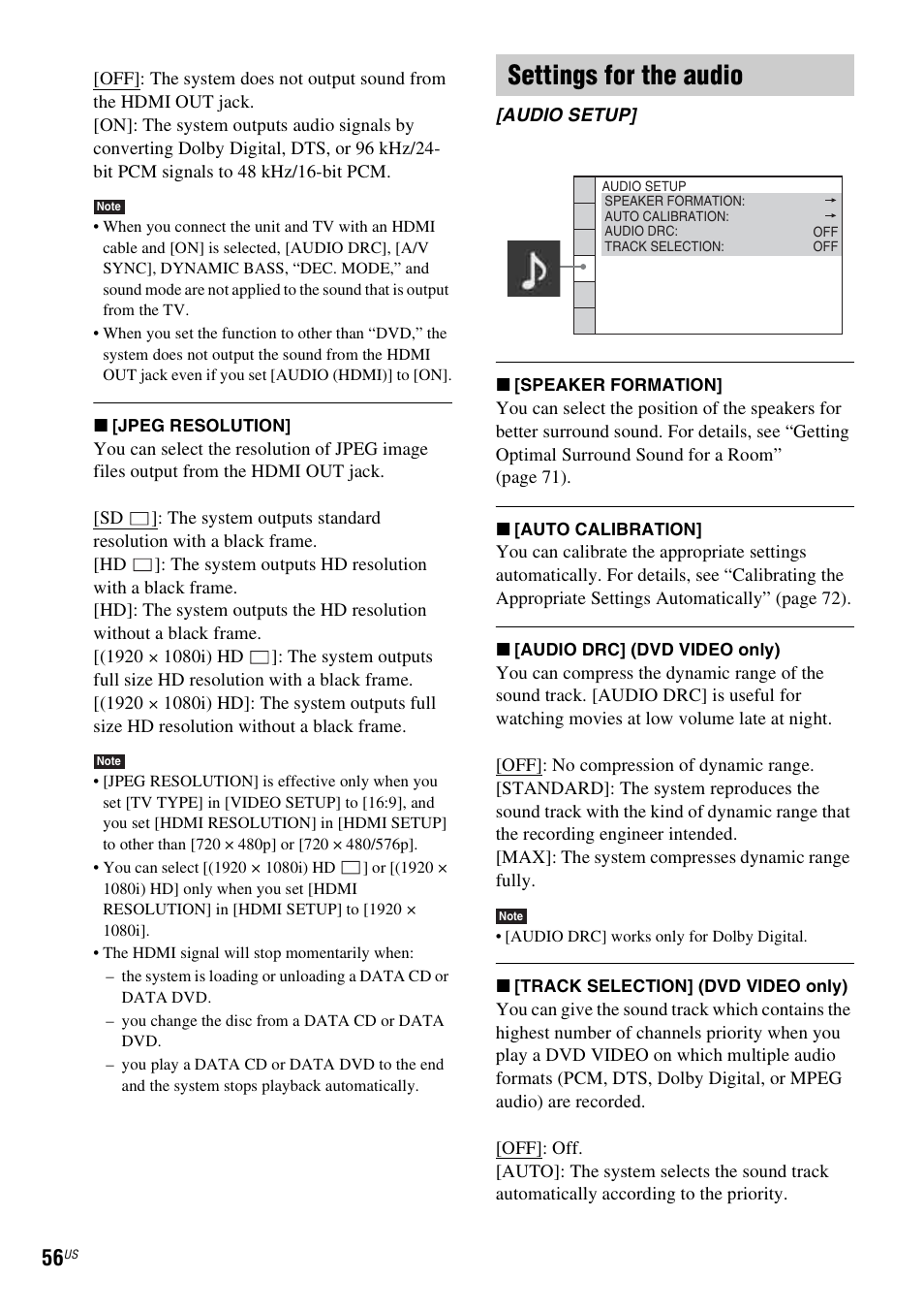 Settings for the audio | Sony DAV-HDX587WC User Manual | Page 56 / 104