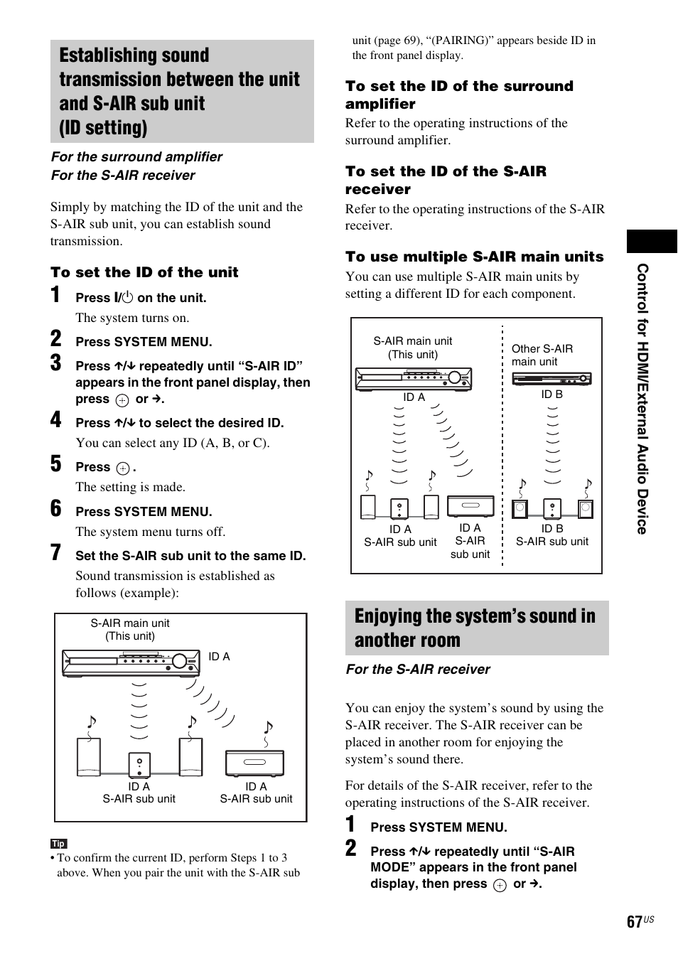Enjoying the system’s sound in another room | Sony DAV-HDX587WC User Manual | Page 67 / 104
