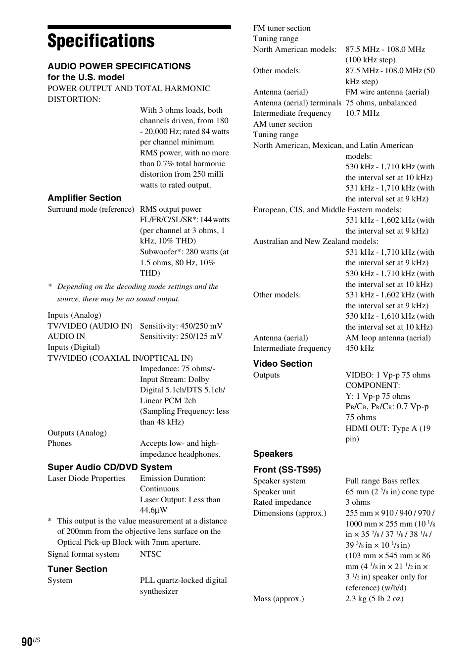 Specifications | Sony DAV-HDX587WC User Manual | Page 90 / 104
