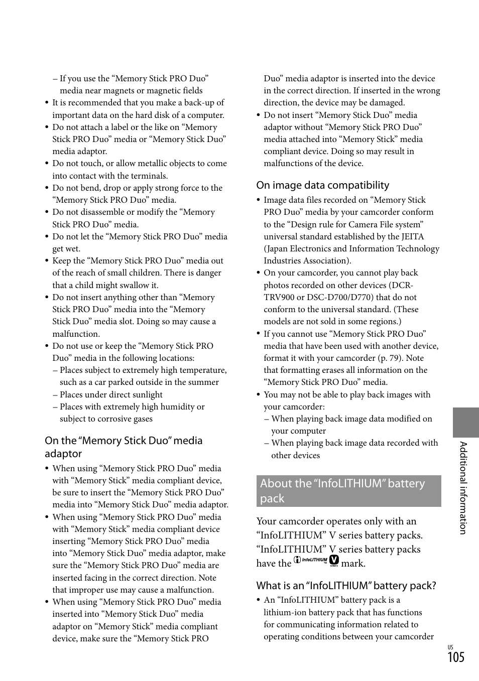 About the “infolithium” battery pack, On image data compatibility, What is an “infolithium” battery pack | Sony HDR-CX300 User Manual | Page 105 / 119