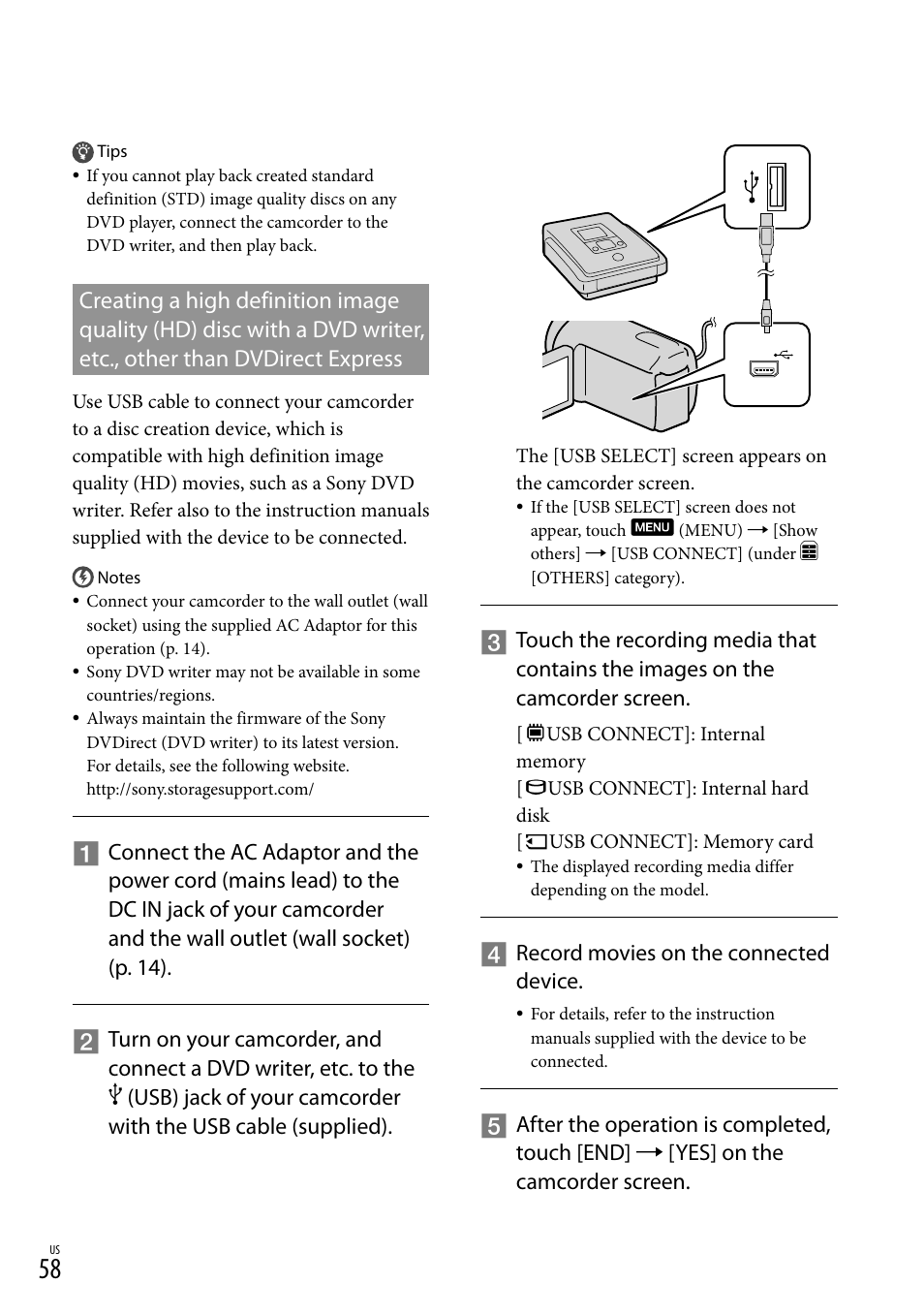 Other than dvdirect express, Record movies on the connected device | Sony HDR-CX300 User Manual | Page 58 / 119