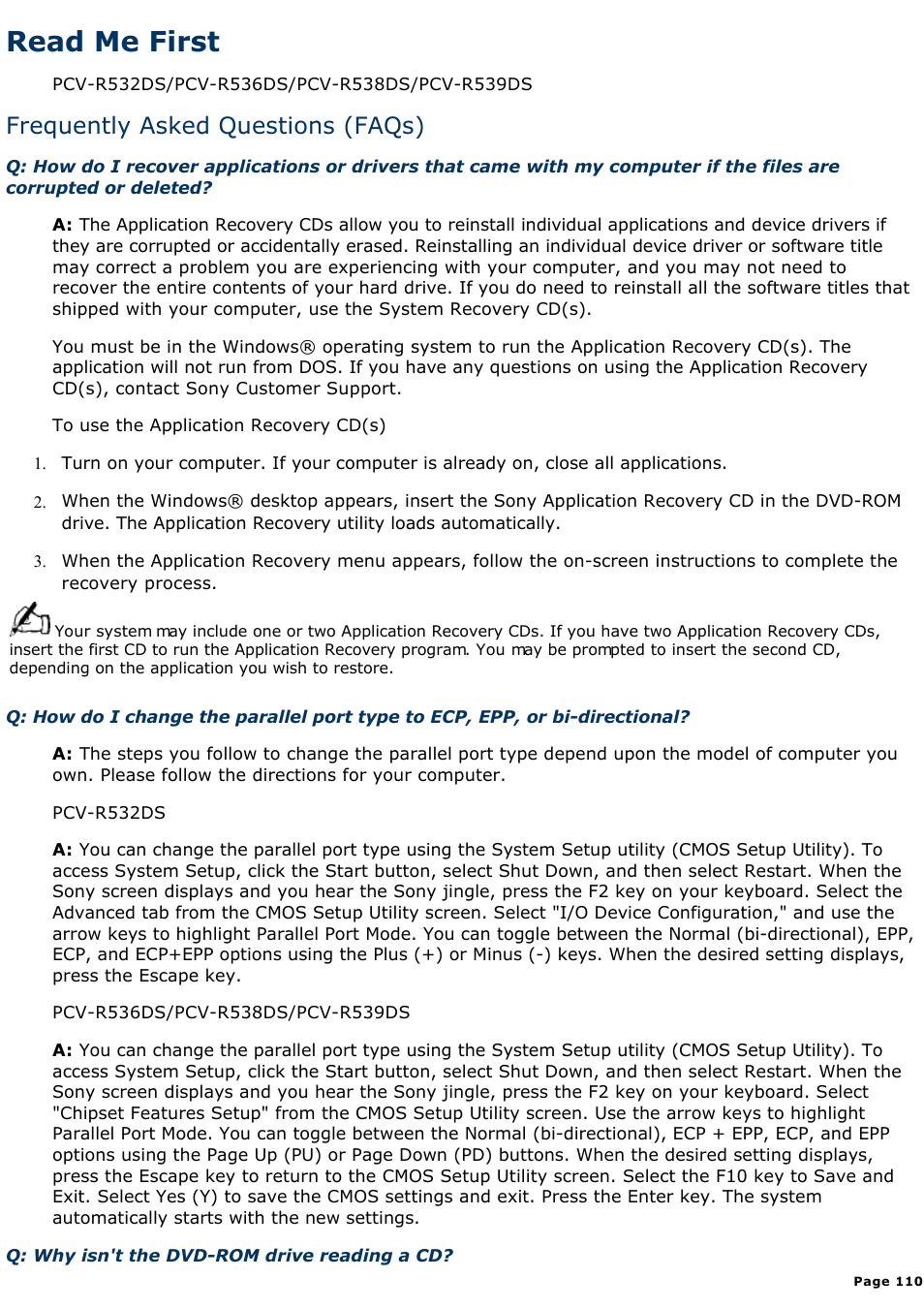 For answers to your software questions, Read me first, Frequently asked questions (faqs) | Sony PCV-R536DS User Manual | Page 110 / 586