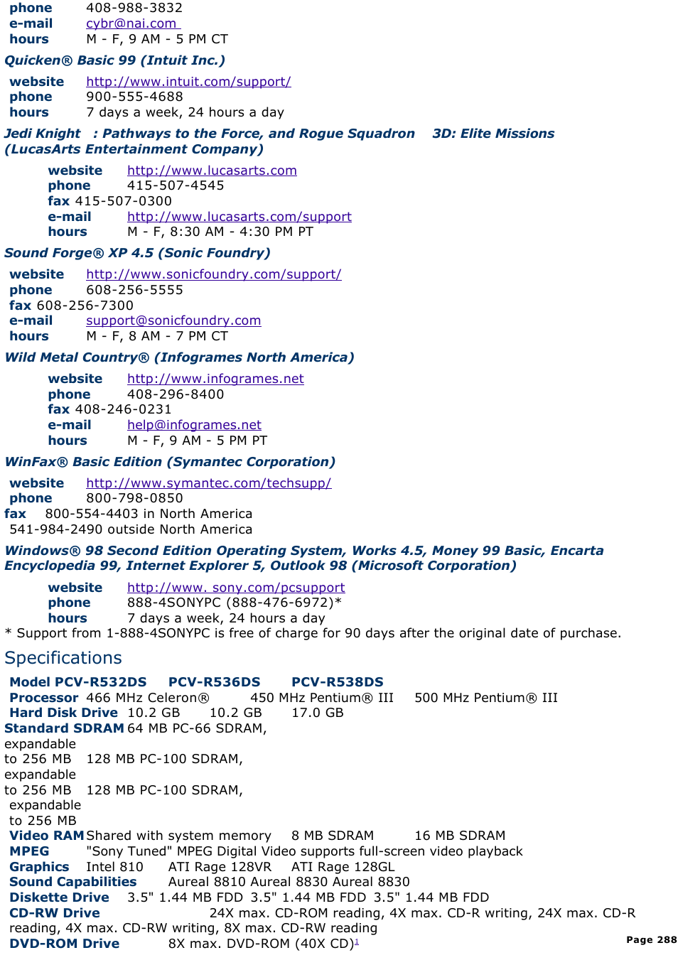 Specifications | Sony PCV-R536DS User Manual | Page 288 / 586