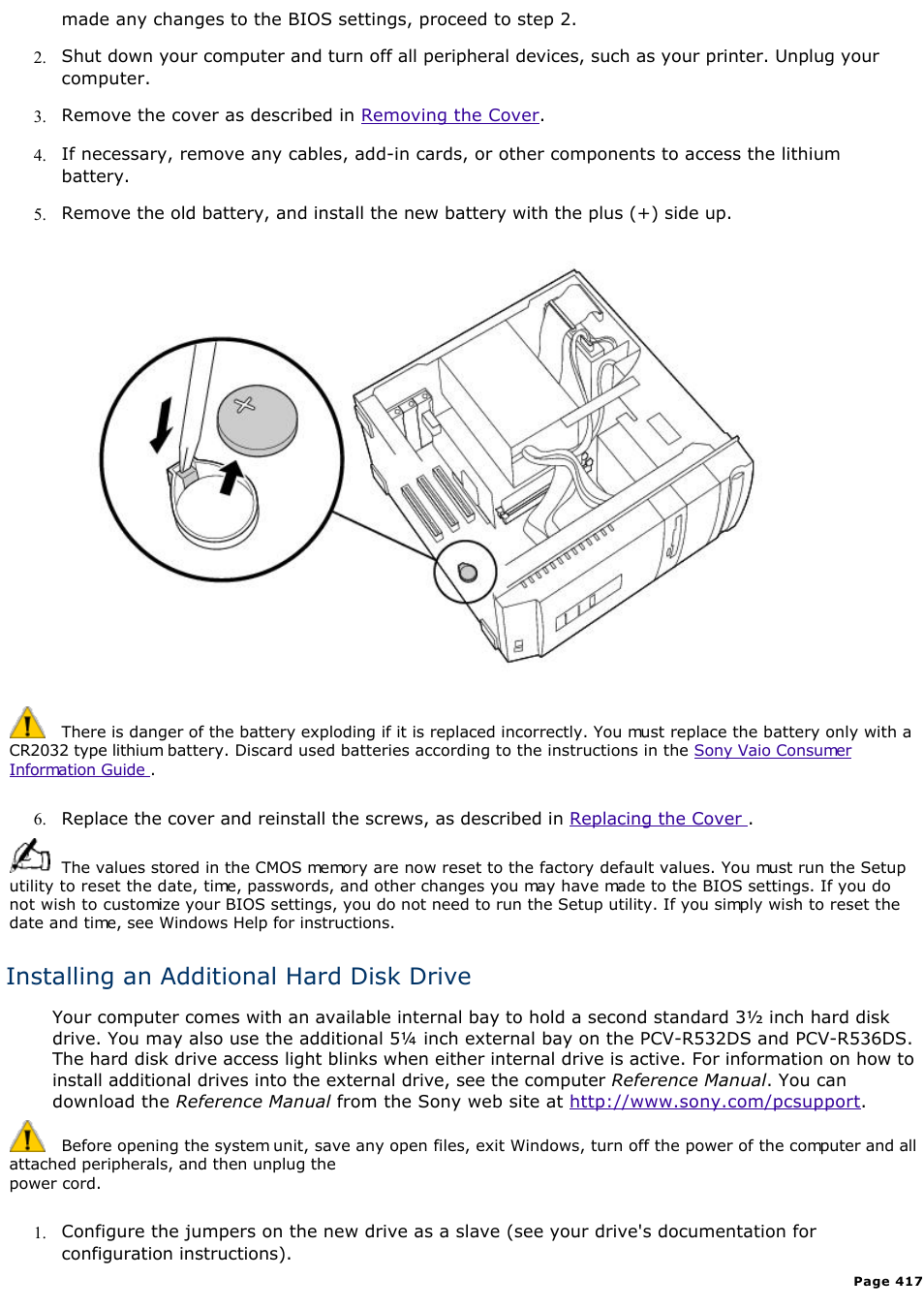 Installing an additional hard disk drive | Sony PCV-R536DS User Manual | Page 417 / 586