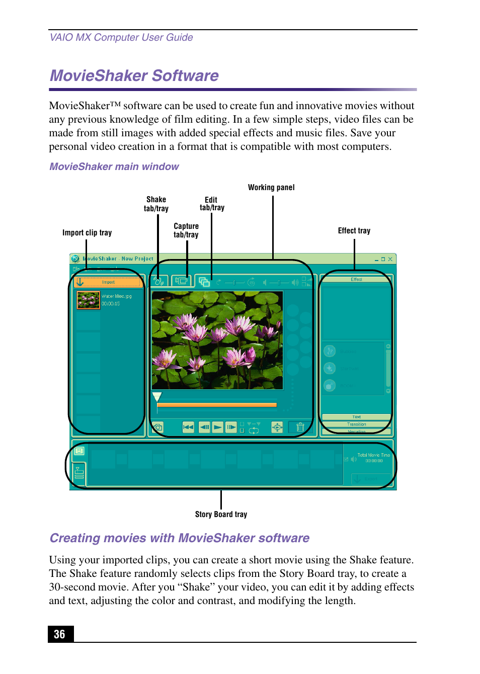 Movieshaker software, Creating movies with movieshaker software | Sony PCV-MXS10 User Manual | Page 36 / 92