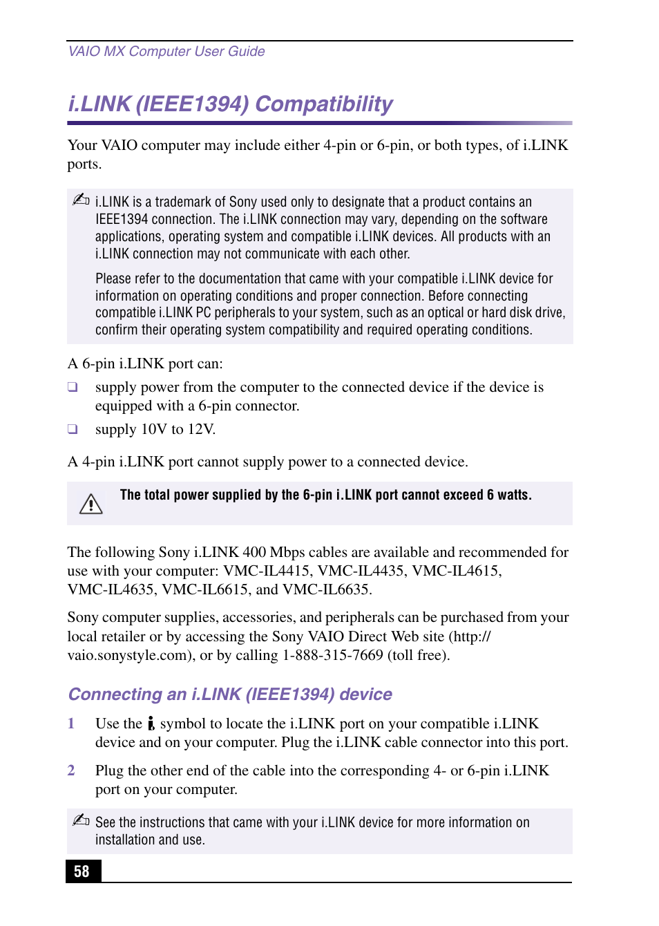 I.link, Ieee1394) compatibility | Sony PCV-MXS10 User Manual | Page 58 / 92