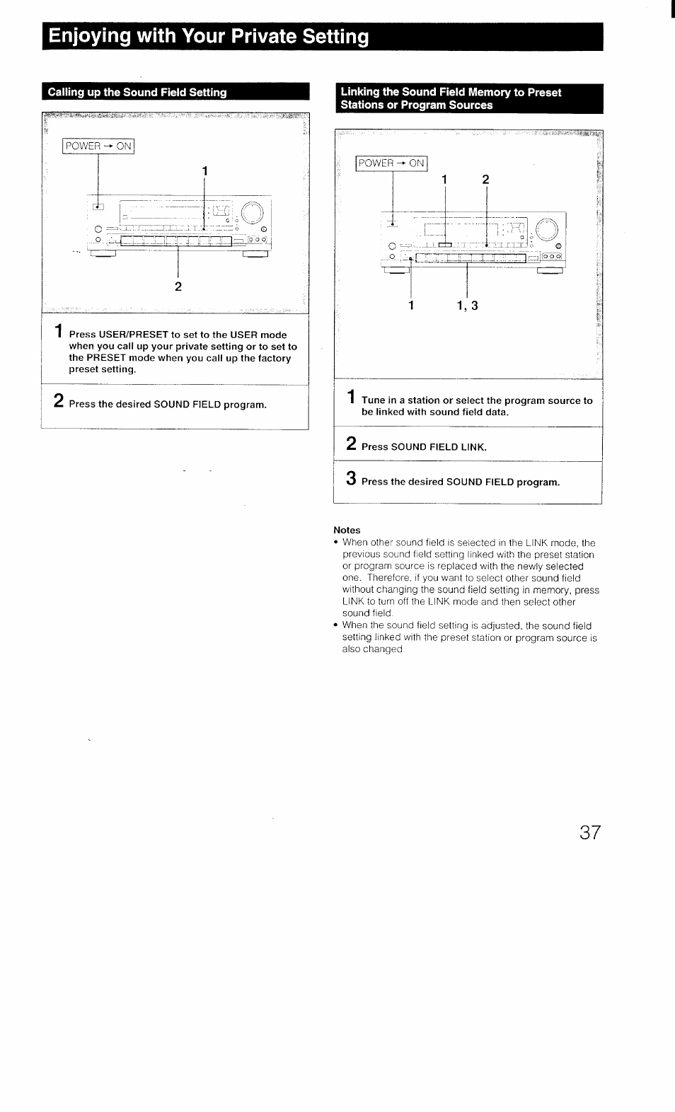 Enjoying with your private setting, Linking the sound field memory to preset stations, Or program sources | Sony STR-D1011 User Manual | Page 37 / 44
